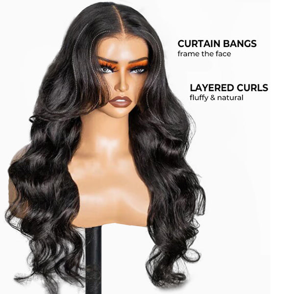 Reshine 9x6 Body Wave Layered Wig Curtain Bangs Pre-cut HD Lace Wear Go Glueless Wigs Pre Bleached Lace Human Hair Wigs - reshine