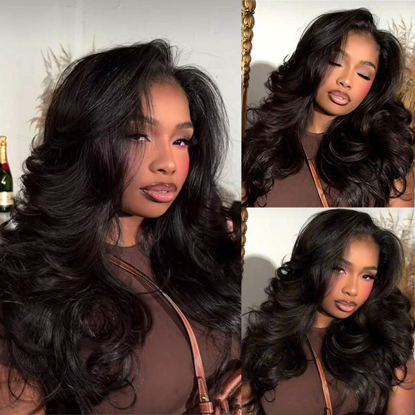 Reshine 9x6 Body Wave Layered Wig Curtain Bangs Pre-cut HD Lace Wear Go Glueless Wigs Pre Bleached Lace Human Hair Wigs - reshine