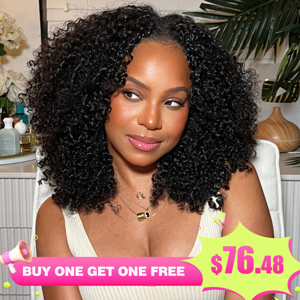 【BOGO】7X5 Kinky Cruly Pre-cut Transparent Lace Human Hair Wigs Wear and Go Glueless Wig - reshine