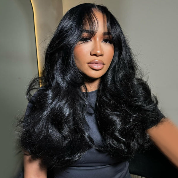 Reshine 9x6 Body Wave Layered Wig Curtain Bangs Pre-cut HD Lace Wear Go Glueless Wigs Pre Bleached Lace Human Hair Wigs - reshine