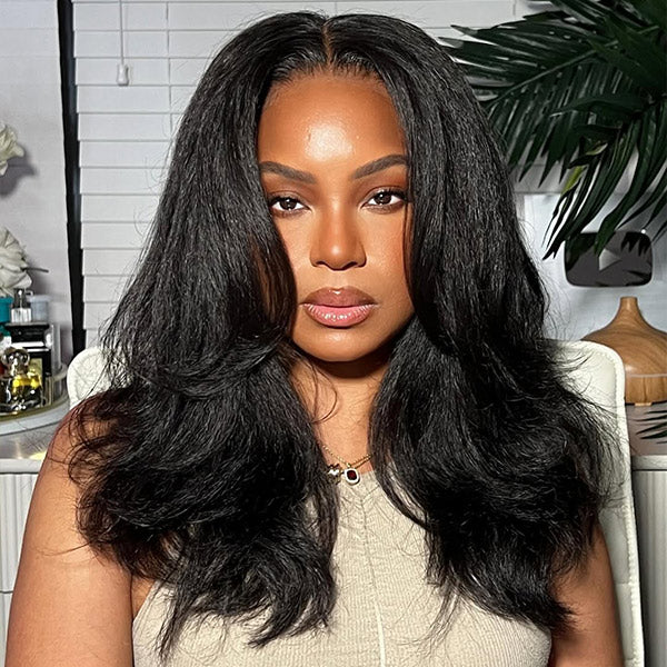 Alwaysameera Reshine Layered Kinky Straight Wig Curtain Bangs 9x6 Pre Everything HD Lace Wear Go Wigs Pre Bleached Human Hair Wigs - reshine