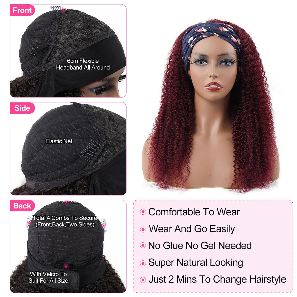 Reshine Hair Burgundy Color Kinky Curly Headband Wig Curly Hair 180% Density Human Hair Wigs Glueless Half Wig