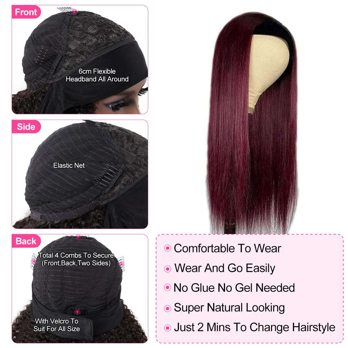 Reshine Hair 99j Burgundy Color Straight Human Hair Wigs 180% Density Glueless Head Band Wigs - reshine