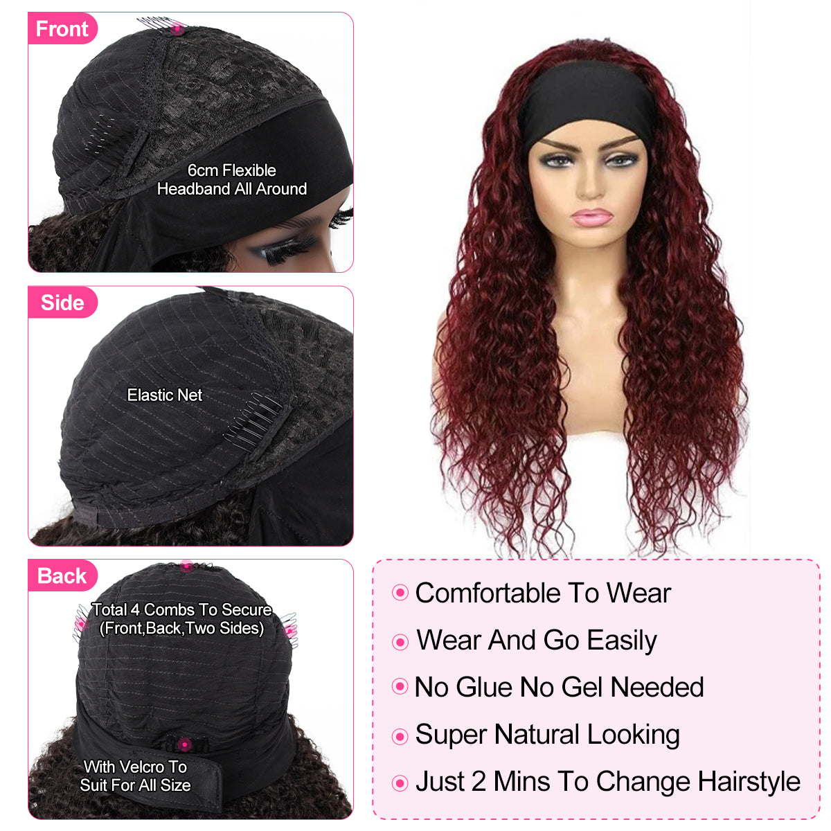 Reshine Hair 99j Water Wave Half Wig Curly Human Hair Headband Wigs Thick And Full - reshine