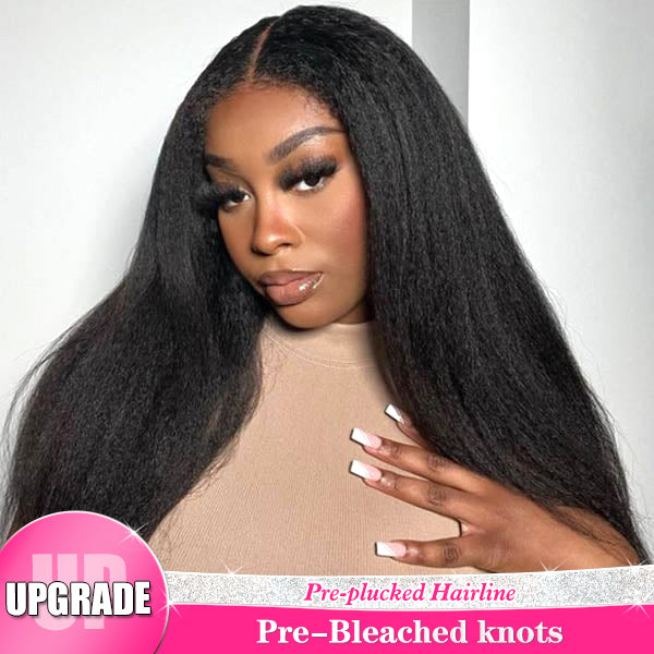 Pre Bleached Knots Kinky Straight HD Lace Closure Wigs For Women Yaki Straight Human Hair Wigs - reshine