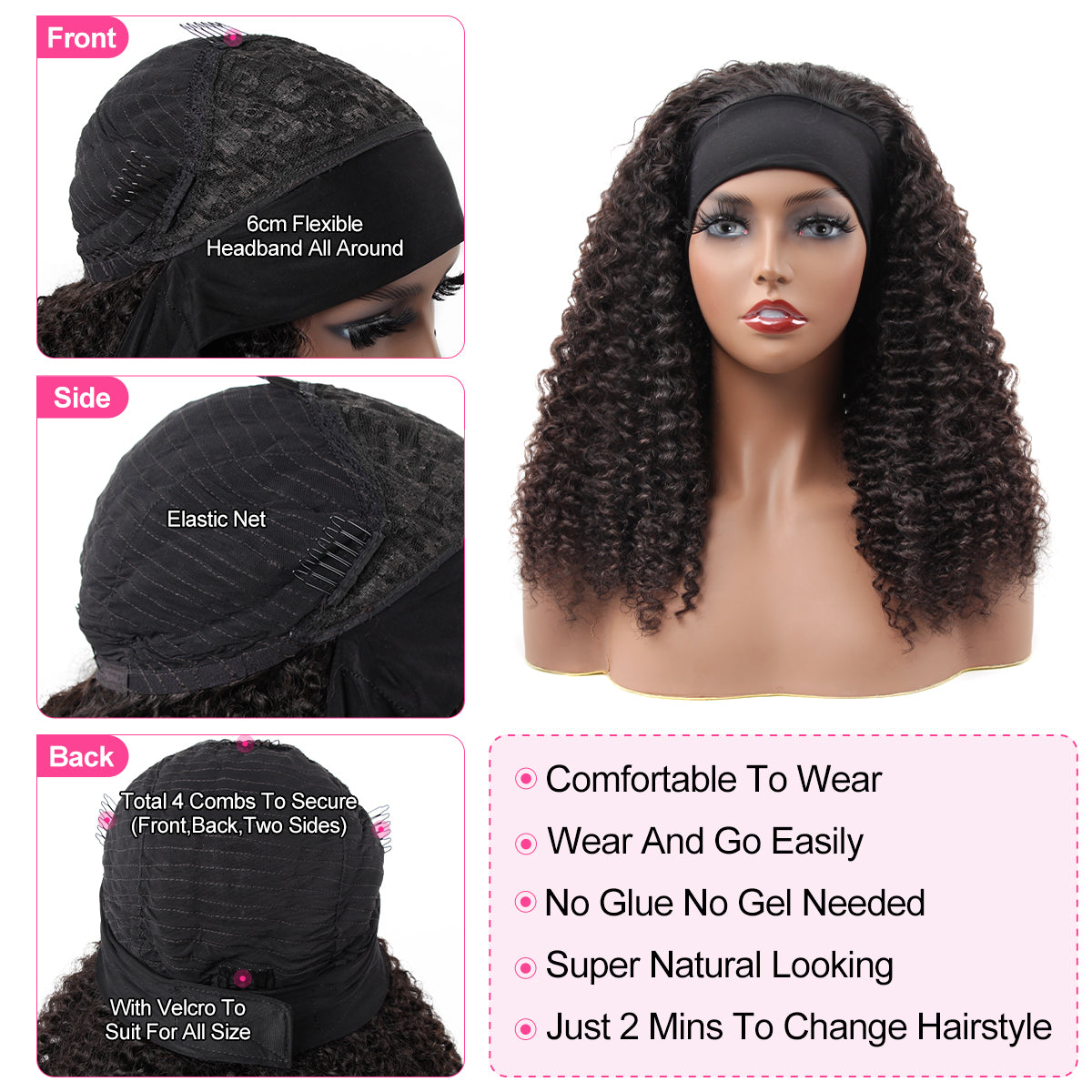 Reshine Hair Kinky Curly Hair Headband Wig Human Hair Wigs Natural Color Glueless Half Wigs