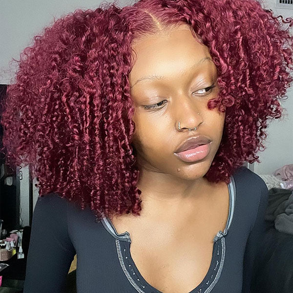 Zaka Same Burgundy Color Kinky Curly Glueless Wear Go Wigs Pre-cut Lace Natural Hairline - reshine