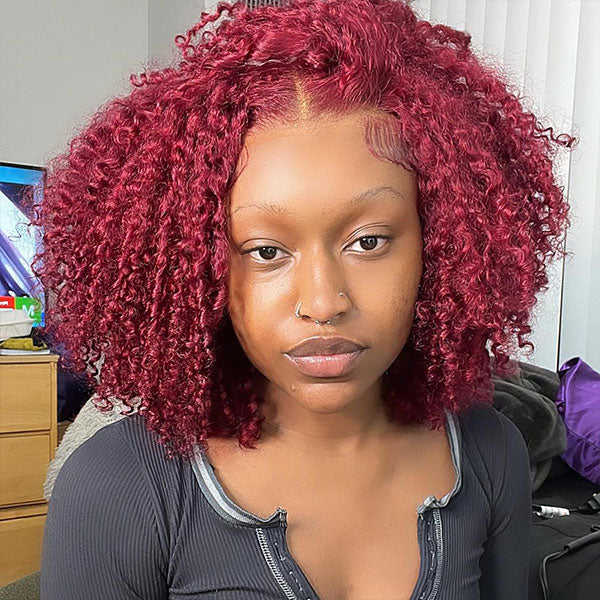 Zaka Same Burgundy Color Kinky Curly Glueless Wear Go Wigs Pre-cut Lace Natural Hairline - reshine