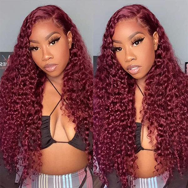 Water Wave Human Hair Glueless Wear Go Wigs Burgundy Color Pre-cut Lace - reshine