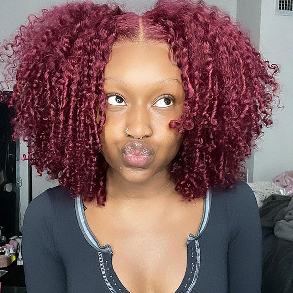 Zaka Same Burgundy Color Kinky Curly Glueless Wear Go Wigs Pre-cut Lace Natural Hairline - reshine