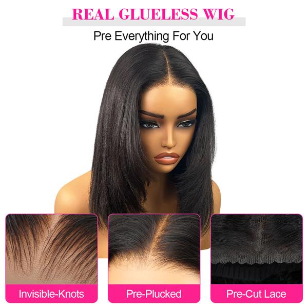 9x6 T Part Layered Yaki Straight Short Bob Wig Wear Go Glueless Human Hair Lace Wig Bleached Knots T Part Glueless Bob Wig - reshine