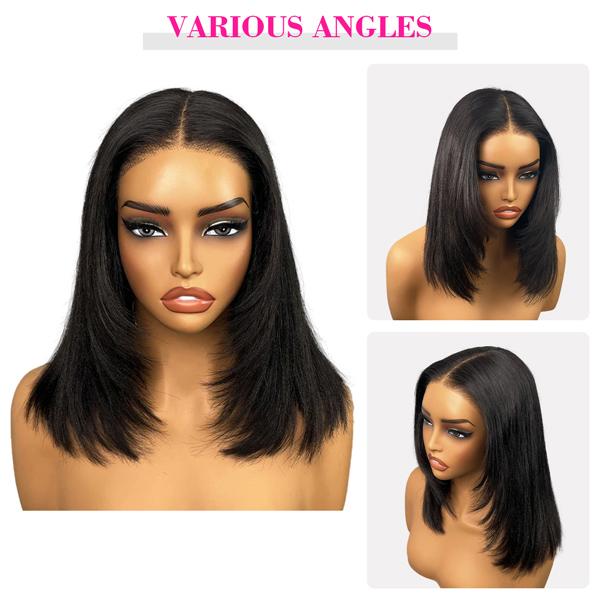9x6 T Part Layered Yaki Straight Short Bob Wig Wear Go Glueless Human Hair Lace Wig Bleached Knots T Part Glueless Bob Wig - reshine