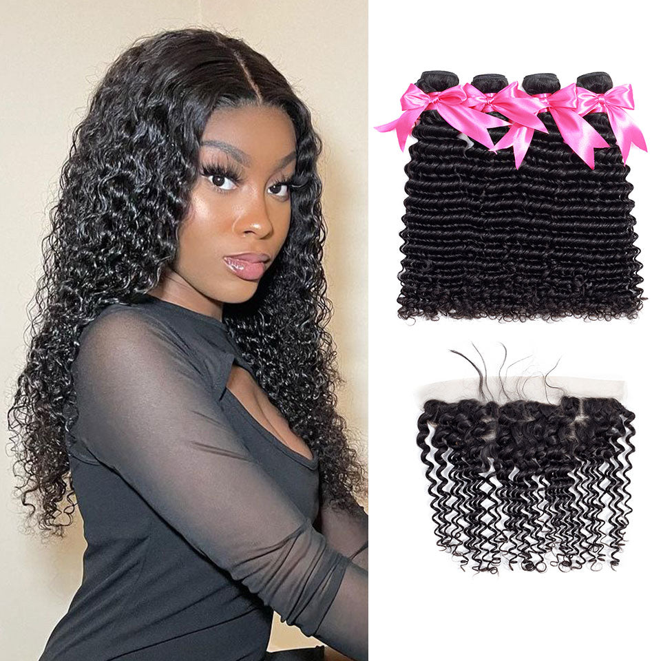 Deep Wave Bundles With Frontal Brazilian Virgin Human Hair 4 Bundles With Frontal Closure Natural Color - reshine