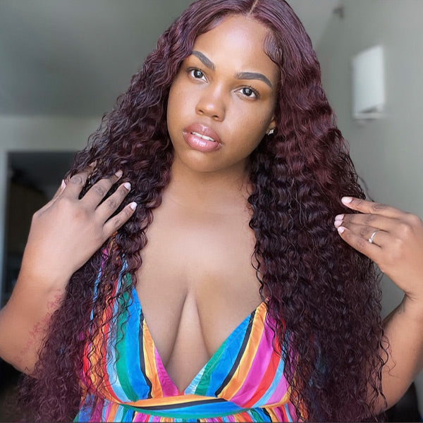 wine red human hair wigs water curly hair wigs