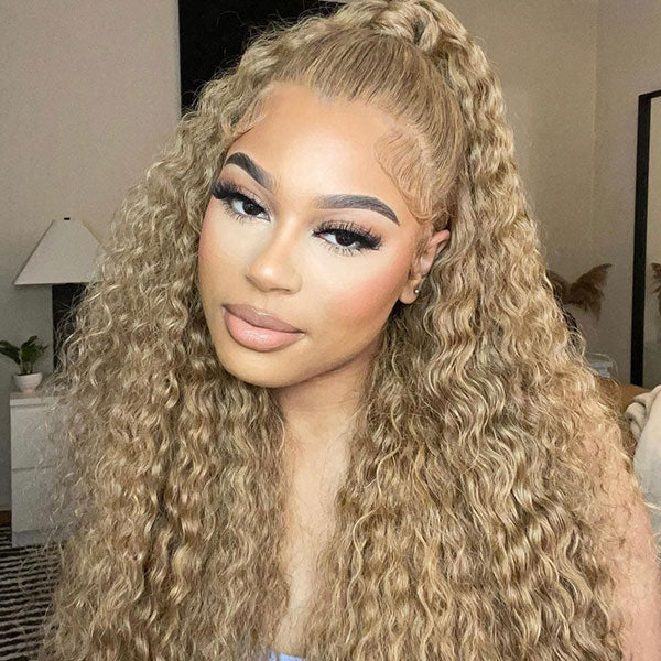 Curly Hair Wigs 27 Honey Blonde Water Wave Human Hair Wigs Pre Plucked - reshine