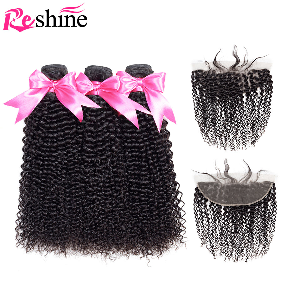 Kinky Curly Malaysian Human Hair Bundles With 13x4 Lace Frontal Closure Natural Color - reshine