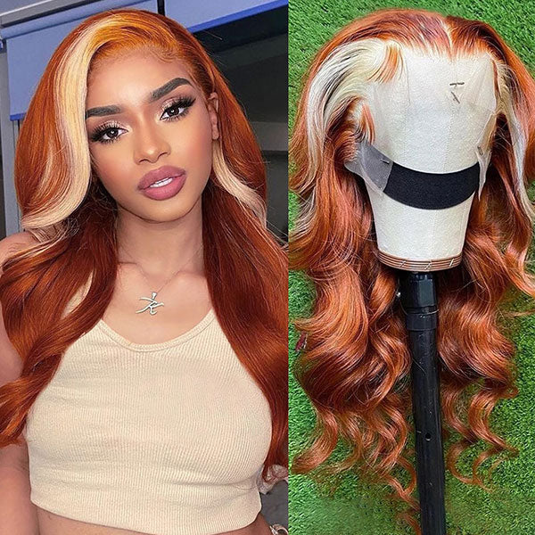 Skunk Stripe Hair Body Wave Human Hair Wigs Ginger Color Hair With Honey Blonde Streaks - reshine