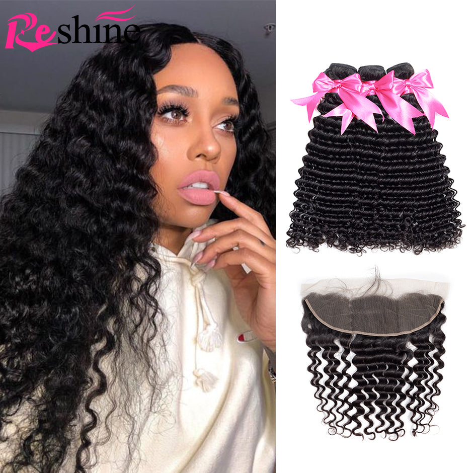 Deep Wave Hair 3 Bundles With 13X4 Lace Frontal Closure Brazilian/Peruvian/Malaysian Hair - reshine