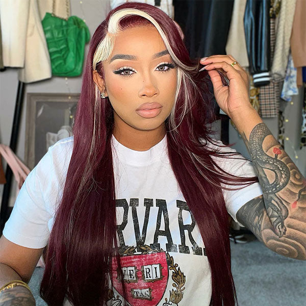 Straight Human Hair Wigs Burgundy Hair Wigs With Blonde Streaks Skunk Stripe Wig - reshine