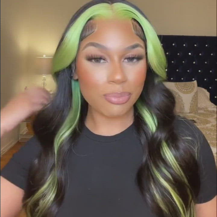 green skunk stripe hair body wave human hair wigs