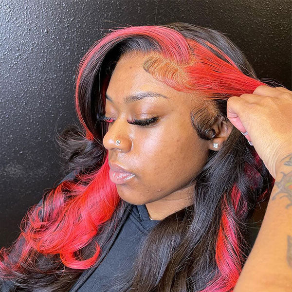 Red Colored Hair Skunk Stripe Hair Body Wave Lace Front Human Hair Wigs - reshine