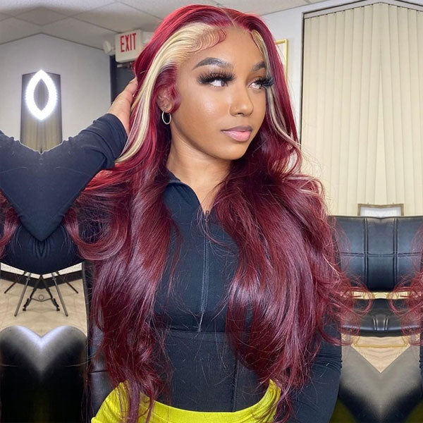 Burgundy Blonde Skunk Stripe Hair Body Wave Wigs 99J Red Color Hair With Blonde Streaks - reshine