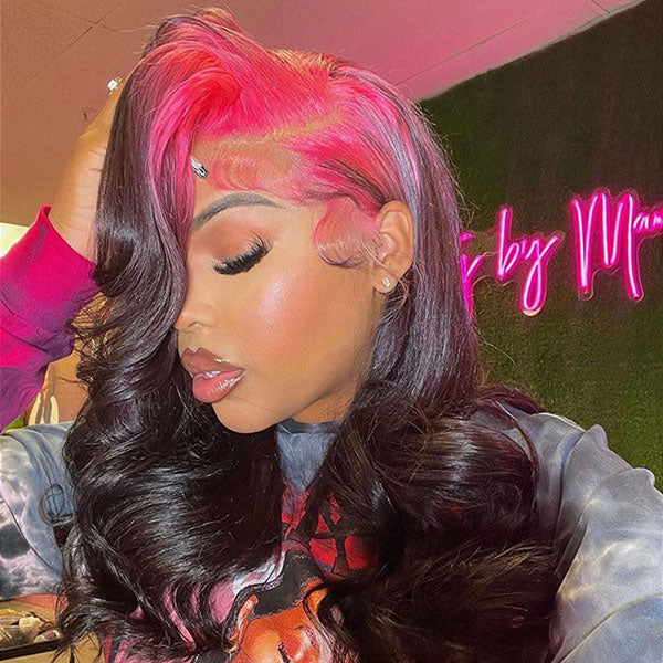 Viral Tiktok Root Pink Black Color Body Wave Lace Front Human Hair Wigs - reshine