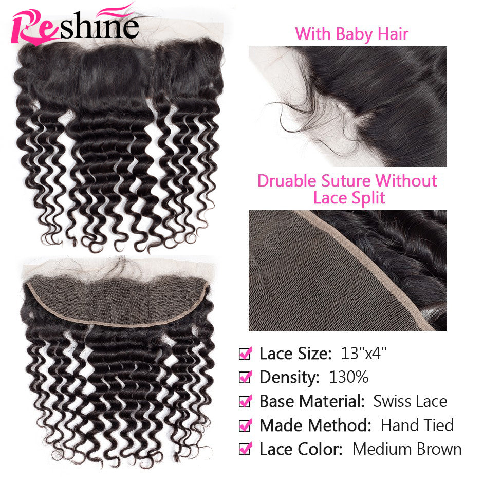 Deep Wave Bundles With Frontal Brazilian Virgin Human Hair 4 Bundles With Frontal Closure Natural Color - reshine