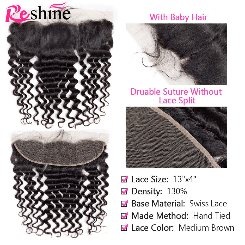 Deep Wave Hair 3 Bundles With 13X4 Lace Frontal Closure Brazilian/Peruvian/Malaysian Hair - reshine