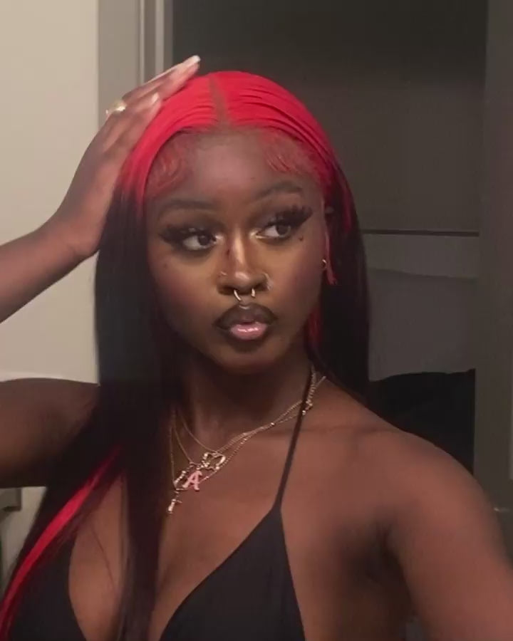 Demon Red & Black Color Straight Human Hair Wigs Two Tones Colored Wig