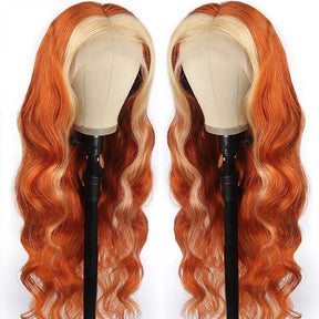Skunk Stripe Hair Body Wave Human Hair Wigs Ginger Color Hair With Honey Blonde Streaks - reshine