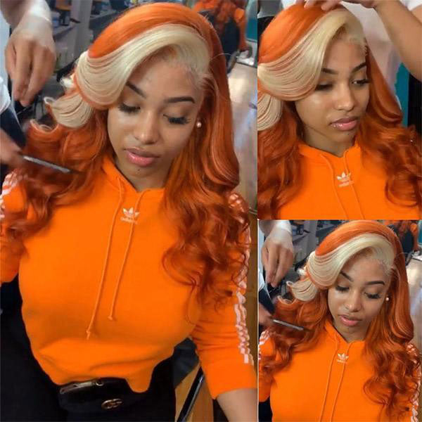 Skunk Stripe Hair Body Wave Human Hair Wigs Ginger Color Hair With Honey Blonde Streaks - reshine