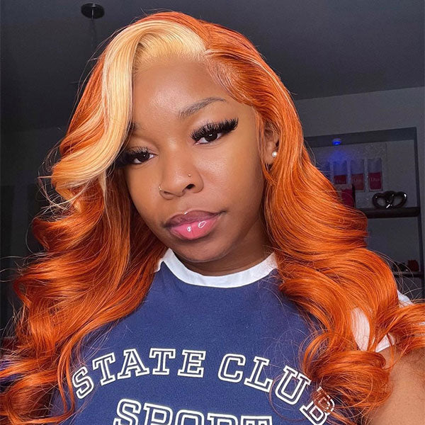 Skunk Stripe Hair Body Wave Human Hair Wigs Ginger Color Hair With Honey Blonde Streaks - reshine