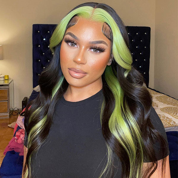 Green skunk stripe hair body wave wigs