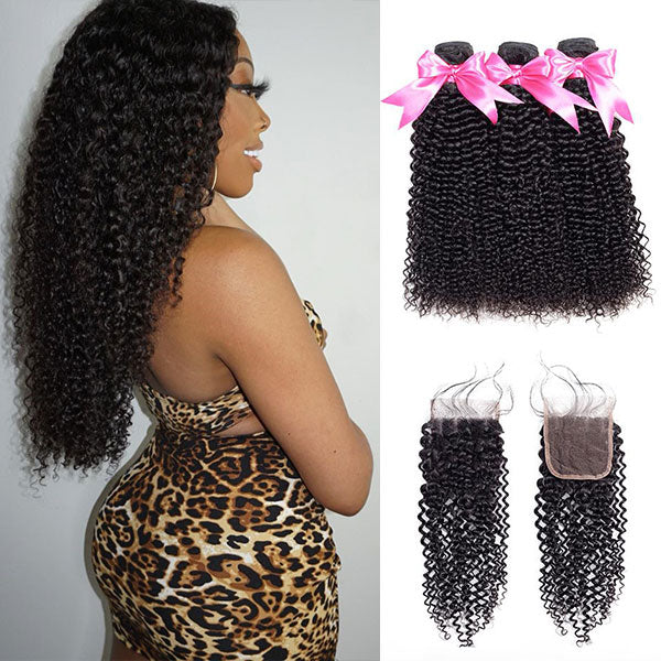 kinky curly human hair bundles with lace closure