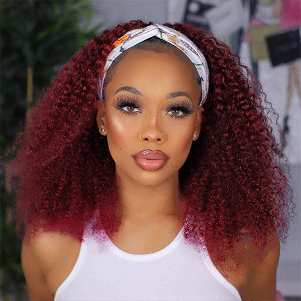 burgundy color kinky curly headband wig