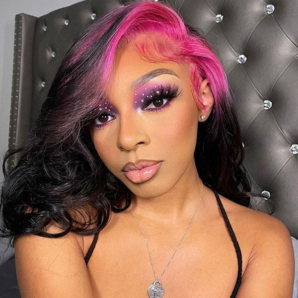 Viral Tiktok Root Pink Black Color Body Wave Lace Front Human Hair Wigs - reshine