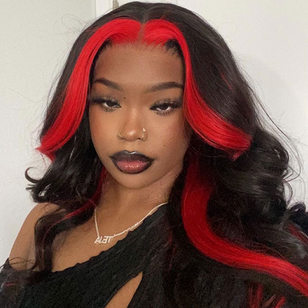 Viral Red Skunk Stripe Hair Body Wave Human Hair Lace Front Wigs