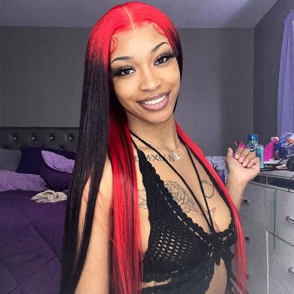 Demon Red & Black Color Straight Human Hair Wigs Two Tones Colored Wig - reshine