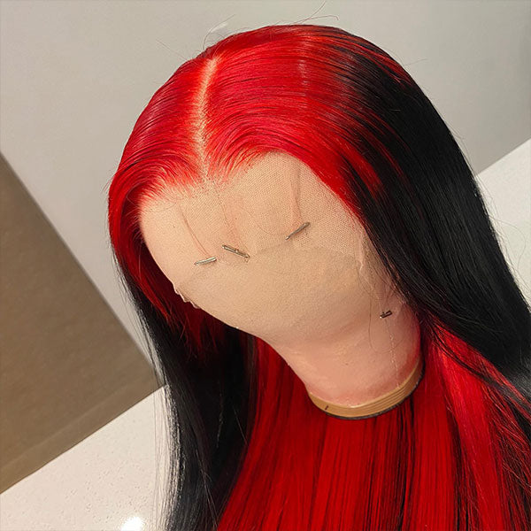 Demon Red & Black Color Straight Human Hair Wigs Two Tones Colored Wig - reshine