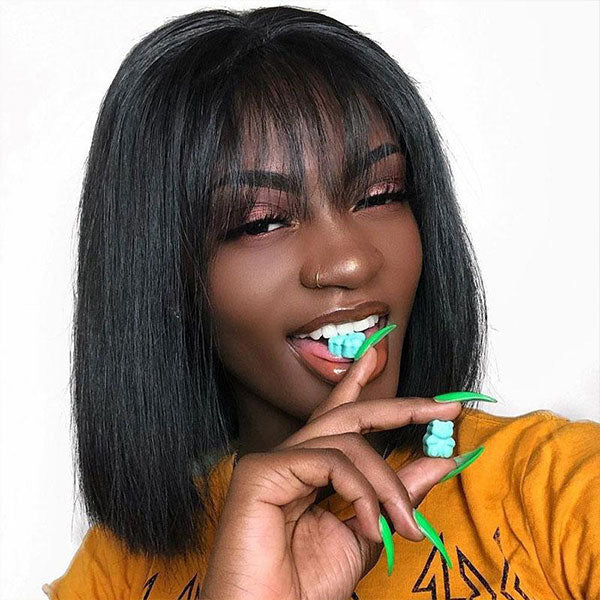 short straight human hair wigs with bangs