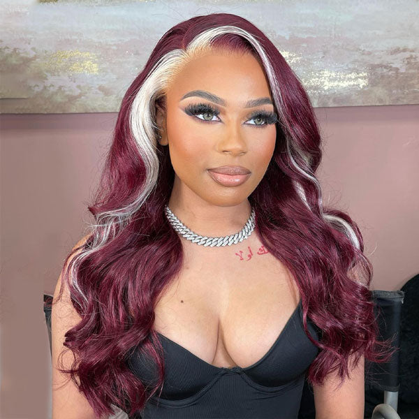 Burgundy Blonde Skunk Stripe Hair Body Wave Wigs 99J Red Color Hair With Blonde Streaks - reshine