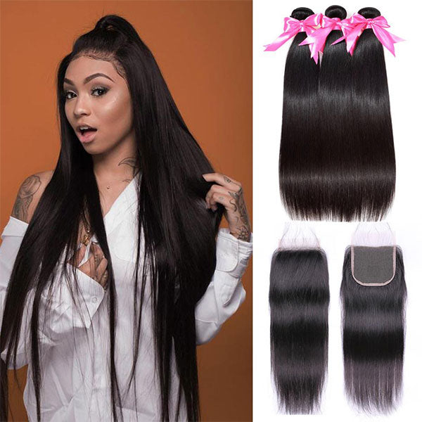 straight human hair 3 bundles with closure