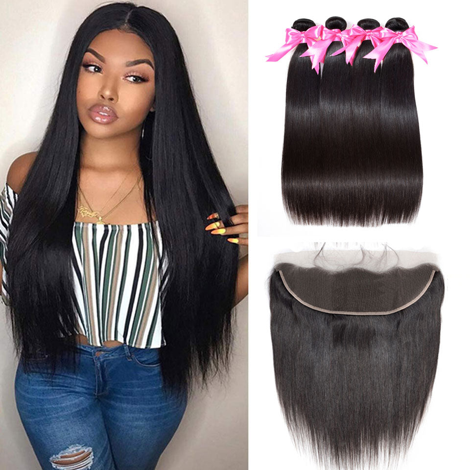 Reshine Hair Straight Human Hair Bundles With Frontal Swiss Lace 13x4 Frontal Closure With Bundles - reshine