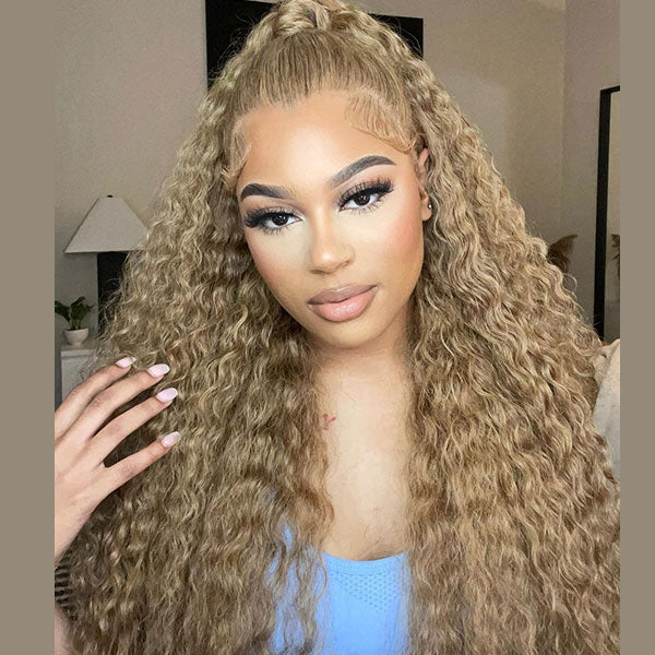 Curly Hair Wigs 27 Honey Blonde Water Wave Human Hair Wigs Pre Plucked - reshine