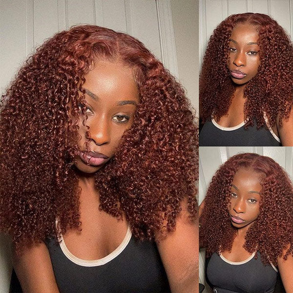 #33 Reddish Brown Kinky Curly Wear Go Glueless Wigs Pre-cut Lace Wigs