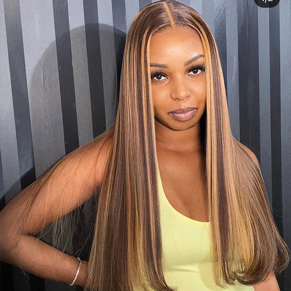 【BOGO】7X5 Highlight Color Straight Pre-Cut Lace Human Hair Wigs Straight Wear and Go glueless wig - reshine