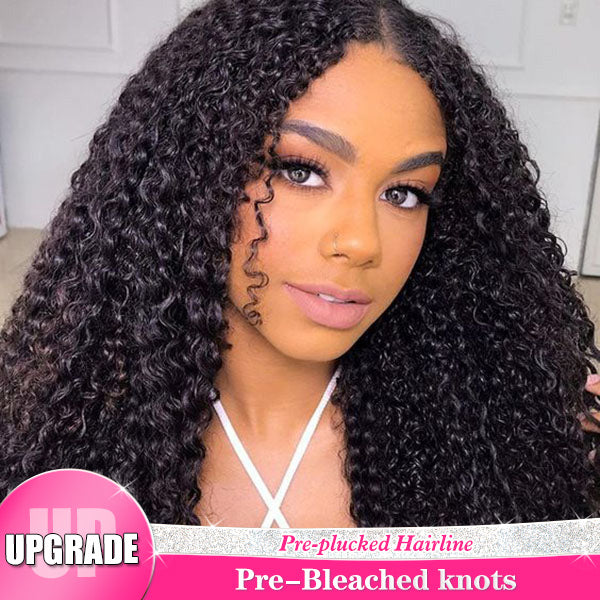 Reshine Bleached Knots Kinky Curly Hair 4x4 5x5 Lace Closure Wig Natural Color Curly Human Hair Wigs - reshine