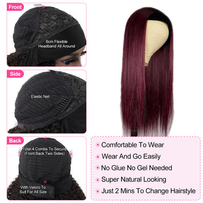 Reshine Hair 99j Burgundy Color Straight Human Hair Wigs 180% Density Glueless Head Band Wigs - reshine
