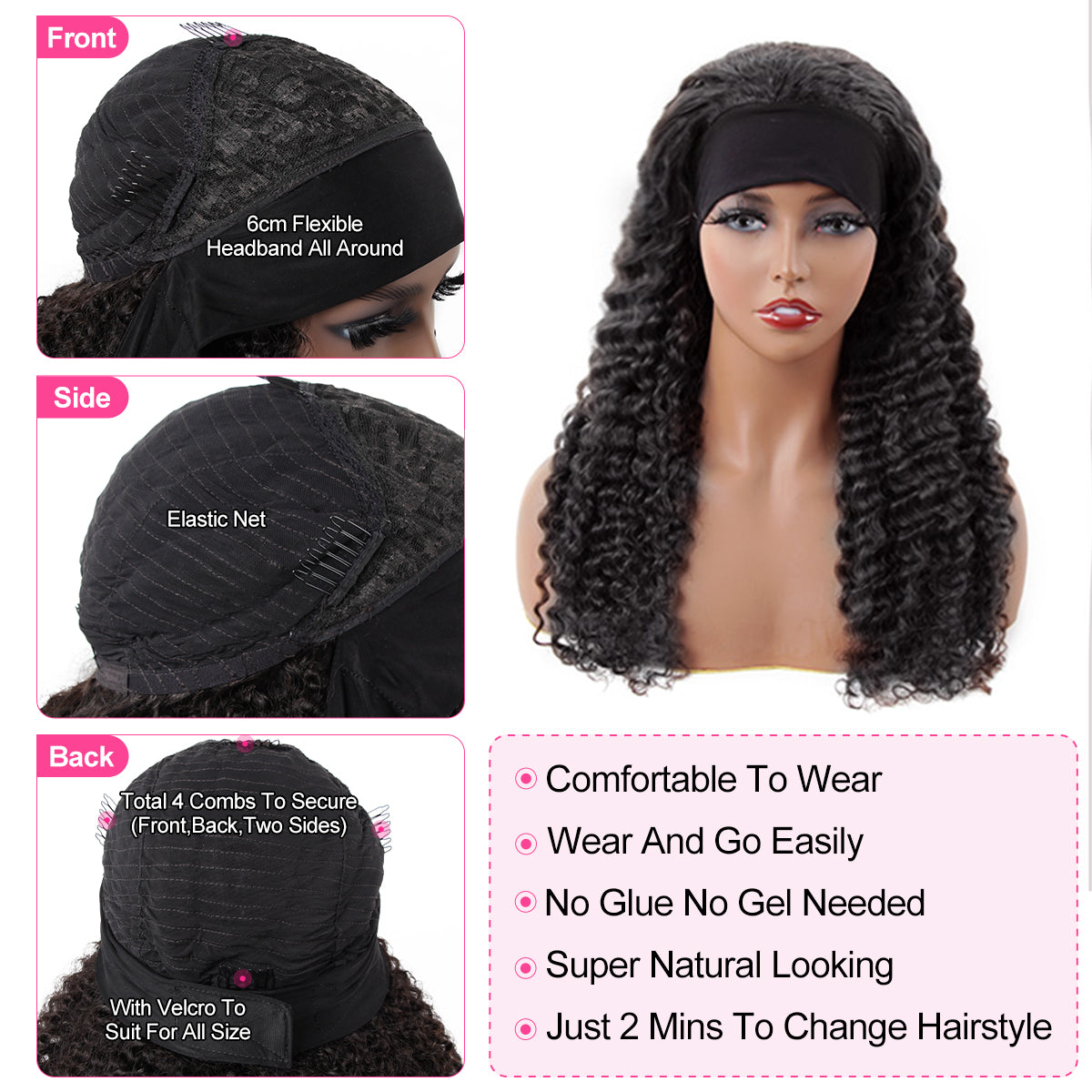 Reshine Hair Deep Wave Glueless Human Hair Wigs Natural Color Headband Wig Get Free Scarf - reshine